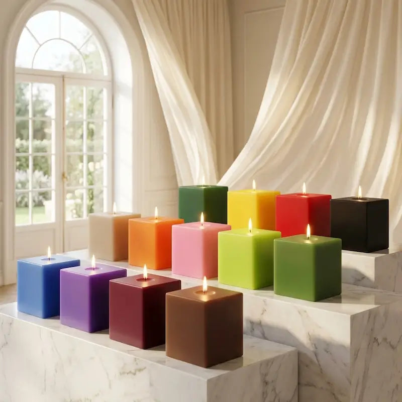 Customisable Candle Extra Large Pillar in various colors displayed on marble steps.