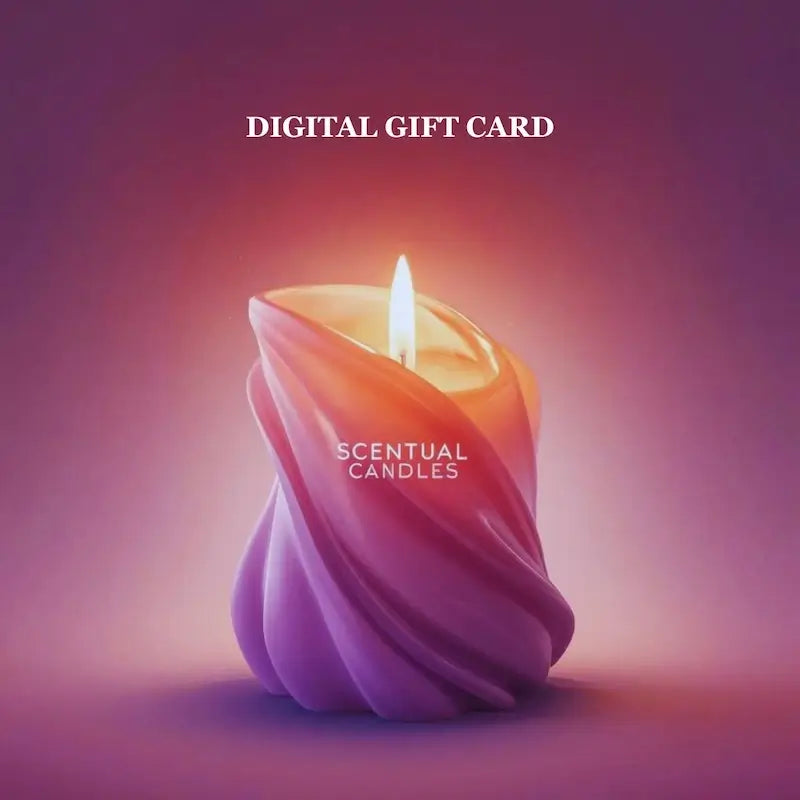 Candles Gift Card from Scentual Candles with a decorative purple candle glowing warmly, perfect for all occasions.