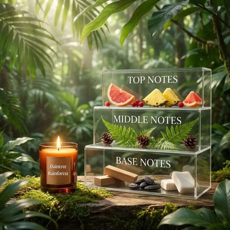 Pine scented Candle labeled 'Baintree Rainforest' with a transparent display of fruit slices and natural elements on a forest background.