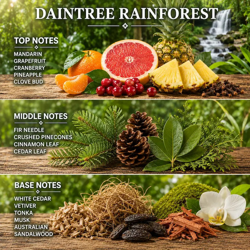 Pine scented Candle labeled 'Daintree Rainforest' displaying fruit slices and natural elements on a forest background.
