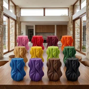 Decorative Candle display with various colors and textures, perfect for home decor and ambiance enhancement.