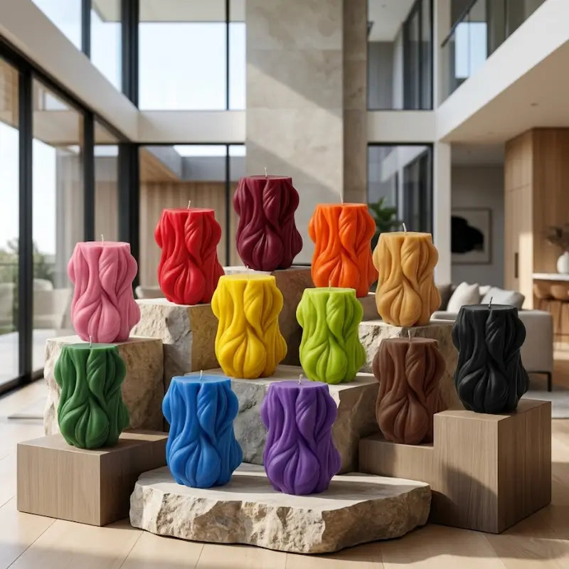 Decorative Candle collection in various colors displayed in a modern interior setting on stone pedestals.