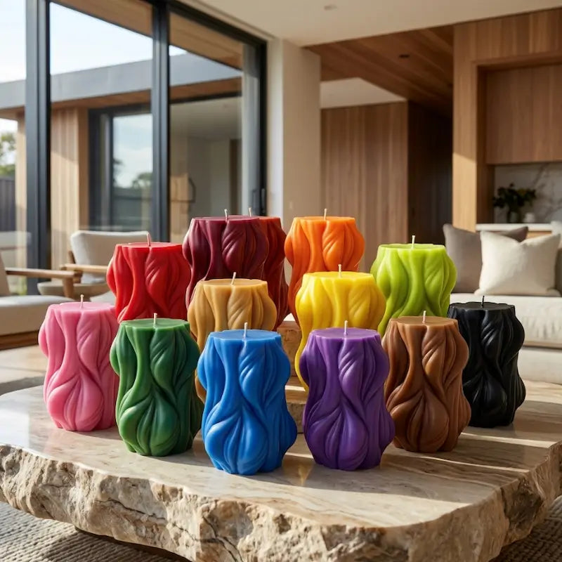 Assorted Decorative Candles in vibrant colors displayed on a coffee table in a modern living room setting.