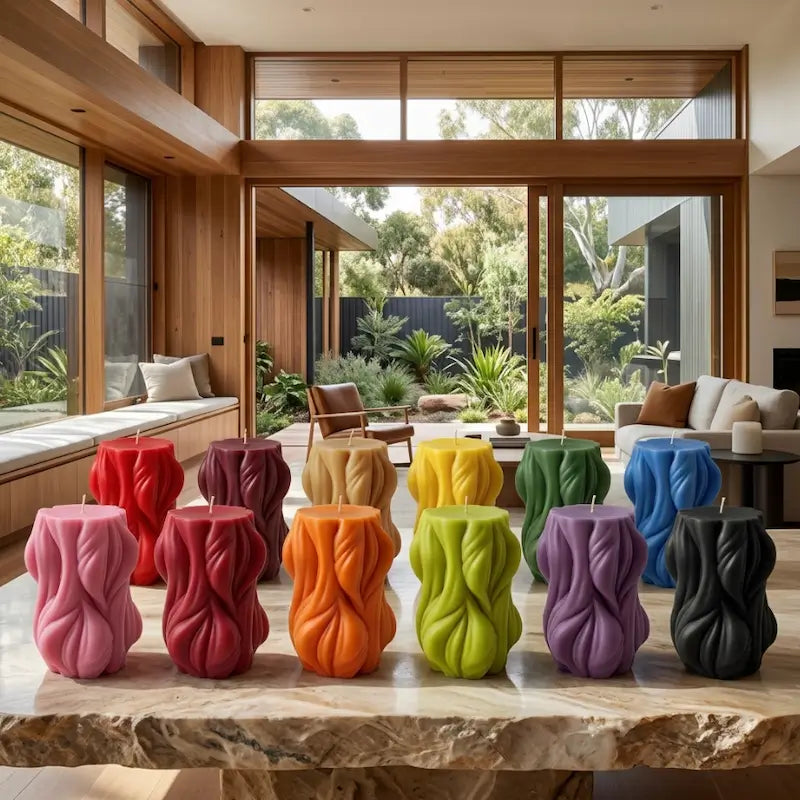 Decorative Candle in various colors displayed on a marble table in a modern living room setting.