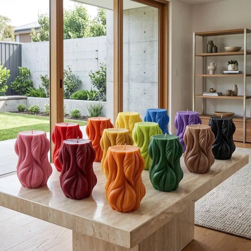 Decorative Candle collection in various colors displayed on a coffee table, showcasing contemporary design and style.