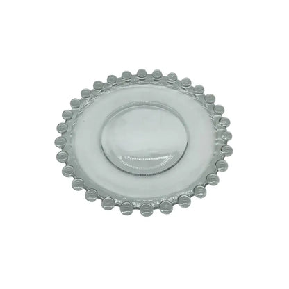 Clear round glass candle plate with decorative bead edging, designed for elegant candle displays. Focus keyword: Candle Plate.