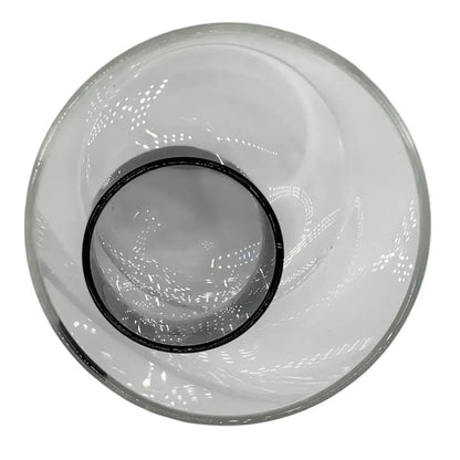 Clear glass light fixture with black interior on a white background