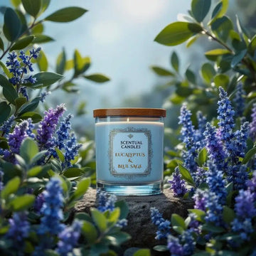 Eucalyptus candle labeled 'Eucalyptus & Blue Sage' surrounded by green foliage and purple flowers.