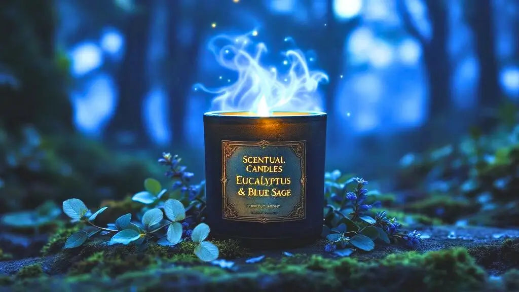 Eucalyptus Candle labeled 'Eucalyptus & Blue Sage' in a forest setting