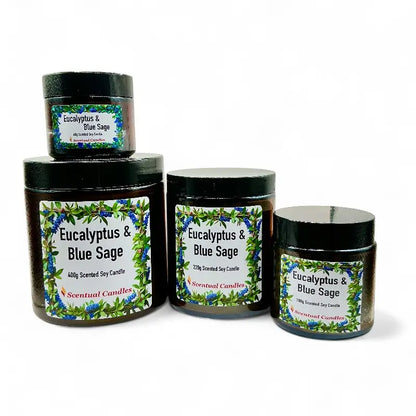 Four jars of Eucalyptus candle with labels on a white background