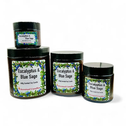 Four jars of Eucalyptus candle with labels on a white background