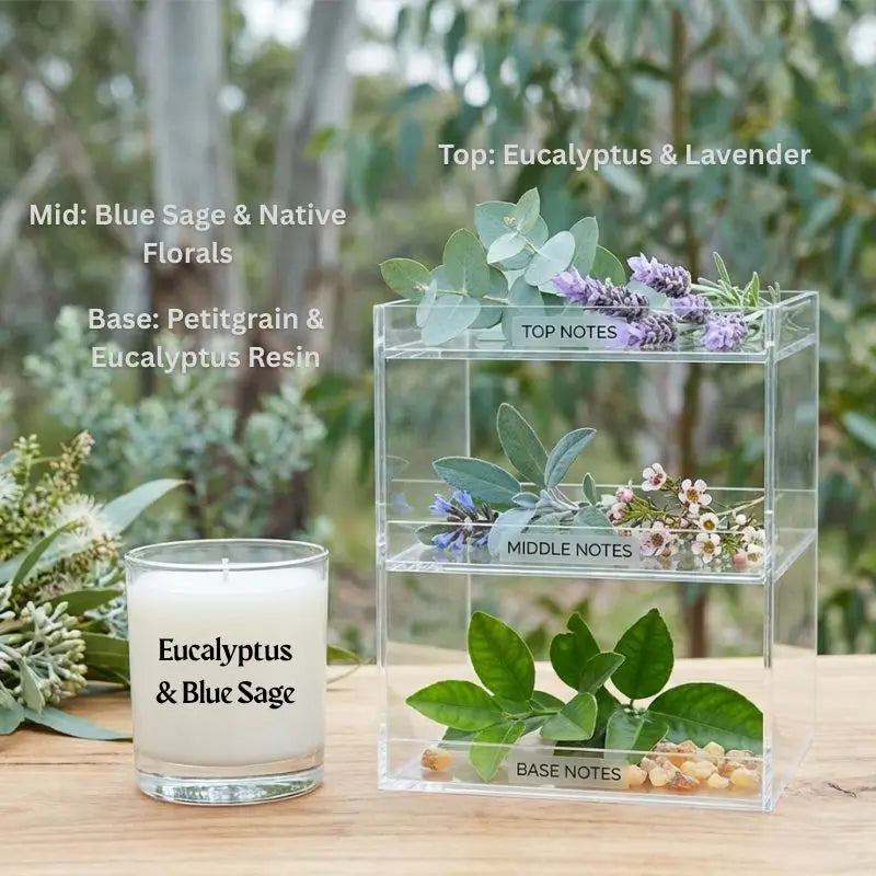 Australian Botanicals scented candle set showcasing eucalyptus and blue sage notes with layered floral arrangements.