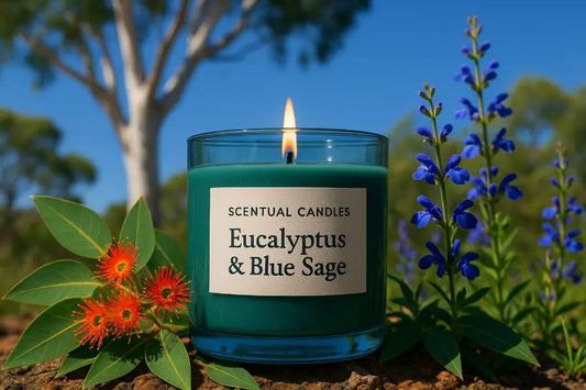 Blue Eucalyptus candle labeled 'Eucalyptus & Blue Sage' with natural elements in the background