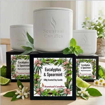 Eucalyptus Candle with Spearmint displayed in elegant packaging, highlighting its refreshing scent and natural ingredients.