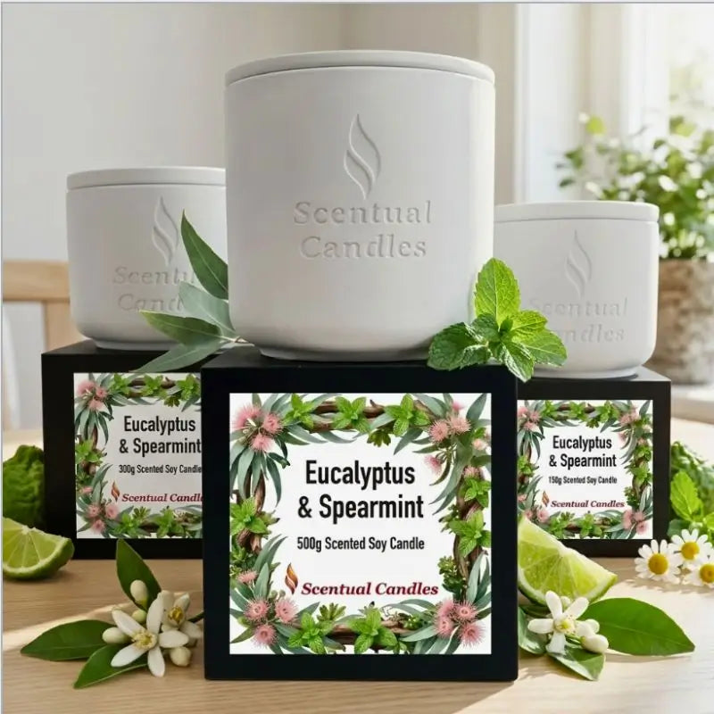 Eucalyptus Candle with Spearmint displayed in elegant packaging, highlighting its refreshing scent and natural ingredients.