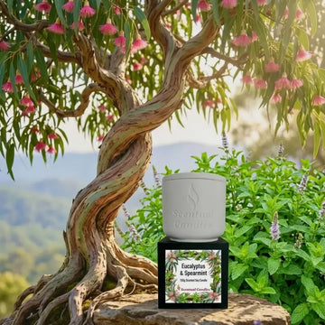 Eucalyptus Candle surrounded by a beautiful tree and spearmint, showcasing its fresh scent and natural inspiration.