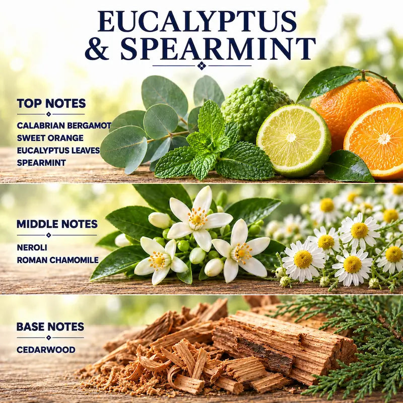Australian Botanicals Eucalyptus Candle with Spearmint fragrance notes top middle base including eucalyptus leaves and cedarwood.