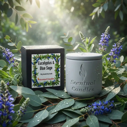 Scentual Candles Eucalyptus Candle with Blue Sage in a natural setting with greenery and flowers.