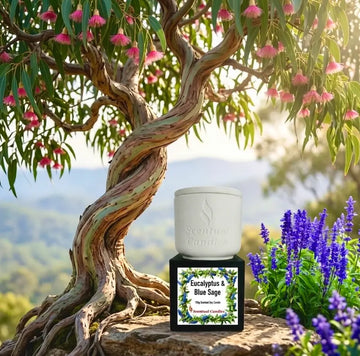 Eucalyptus Candle surrounded by a beautiful tree and flowers, showcasing its fresh scent and natural inspiration.