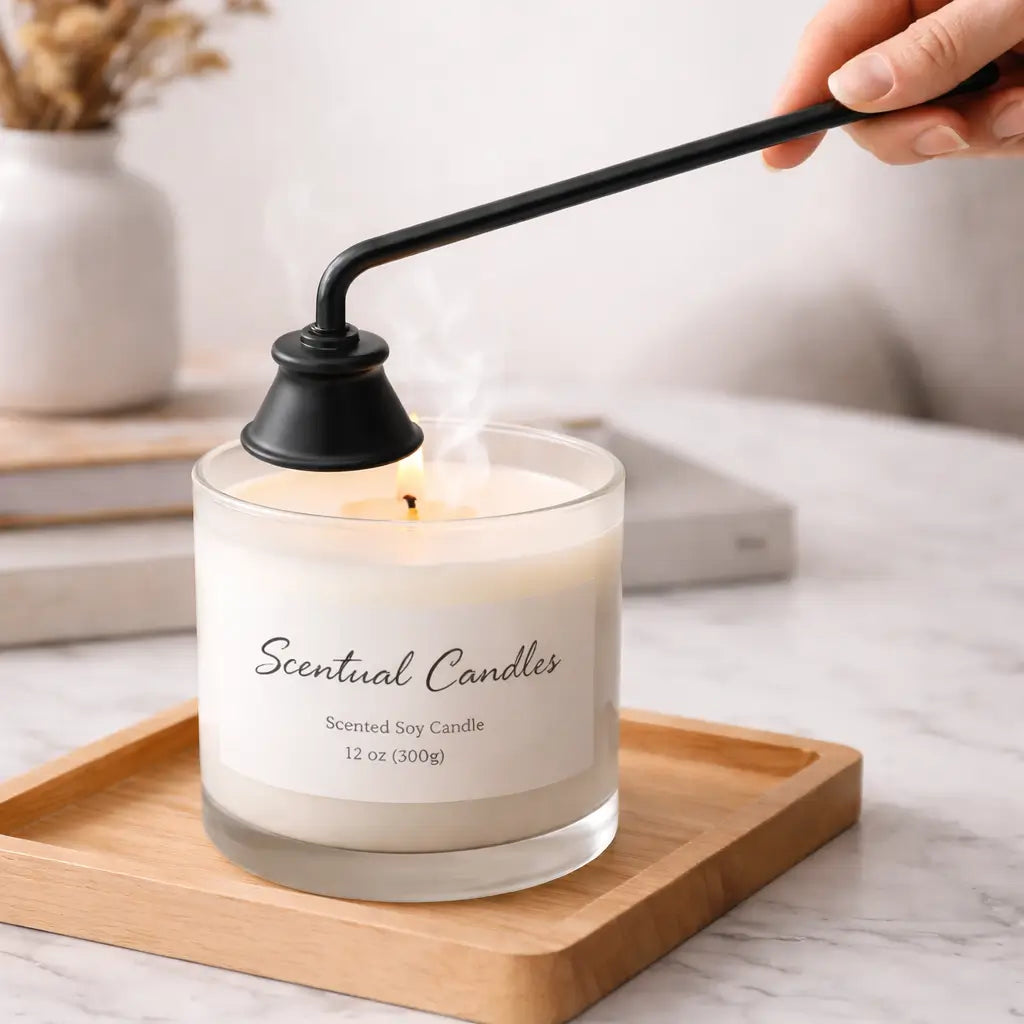 Candle Snuffer extinguishing a lit scented soy candle on a table, preventing wax splatter and reducing soot, matte black finish.