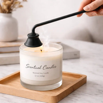 Candle Snuffer extinguishing a lit scented soy candle on a table, preventing wax splatter and reducing soot, matte black finish.
