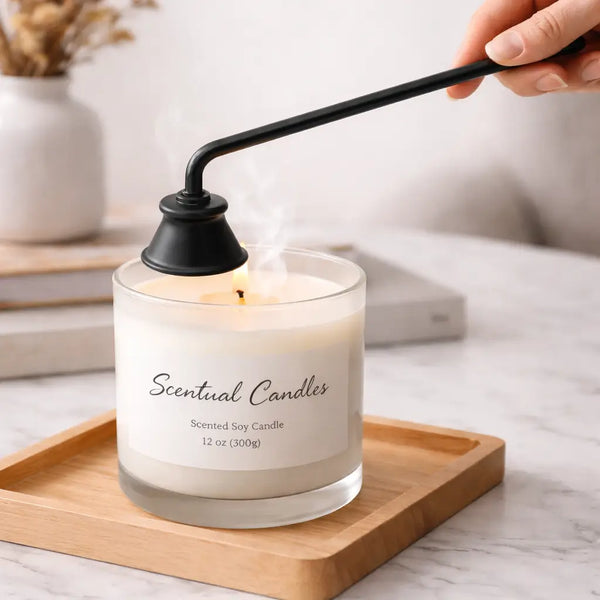 Candle Snuffer extinguishing a lit scented soy candle on a table, preventing wax splatter and reducing soot, matte black finish.