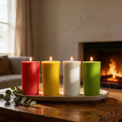 Extra Large Pillar Candle 1.1kg in various colors and scents on a tray, adding decorative touch to a cozy living room.