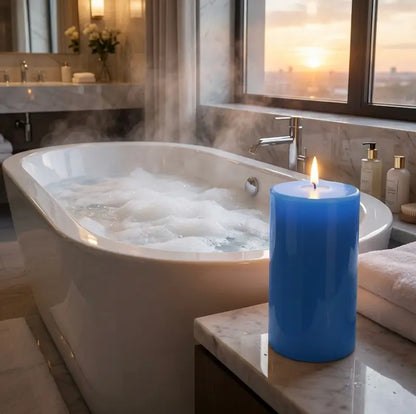 Luxurious bathroom with blue Extra Large Pillar Candle adding ambiance next to a steaming bathtub