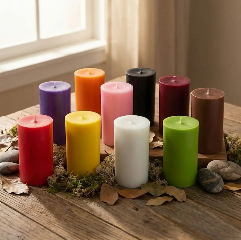 Assorted Extra Large Pillar Candles in various colors displayed on a wooden table, ideal for home decor and aromatic ambiance.