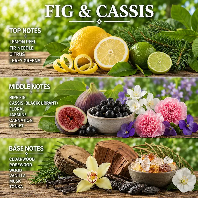 Fig Candle fragrance notes including lemon peel, ripe fig, cassis, cedarwood, and floral accents.