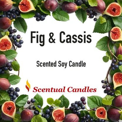 Fig and Cassis Scented Soy Candle with fig and berry design.