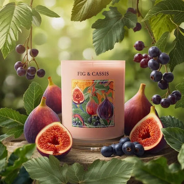 Fig and Cassis scented soy candle surrounded by figs and cassis berries