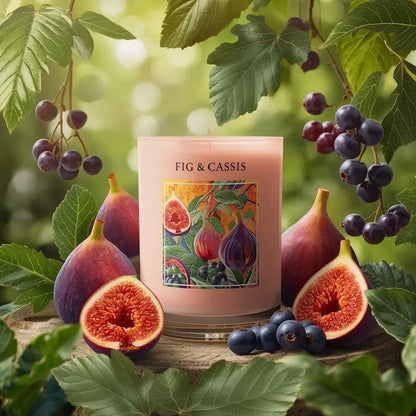 Fig and Cassis scented soy candle surrounded by figs and cassis berries