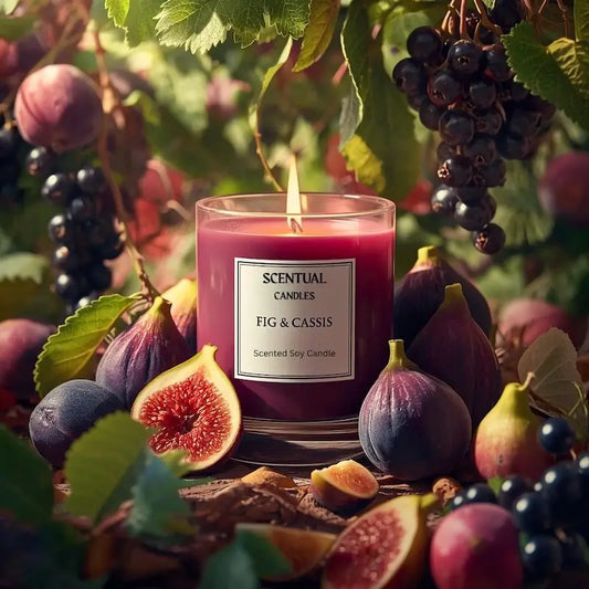 Fig and Cassis scented soy candle surrounded by figs and cassis fruits, creating a luxurious and aromatic atmosphere