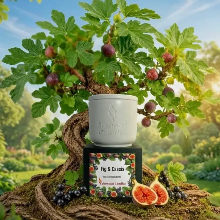 Fig and Cassis scented soy candle displayed in front of a vibrant tree with figs and cassis fruit.