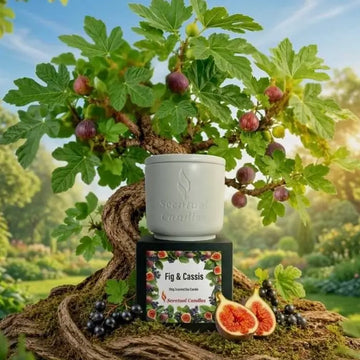 Fig and Cassis scented soy candle displayed in front of a vibrant tree with figs and cassis fruit.