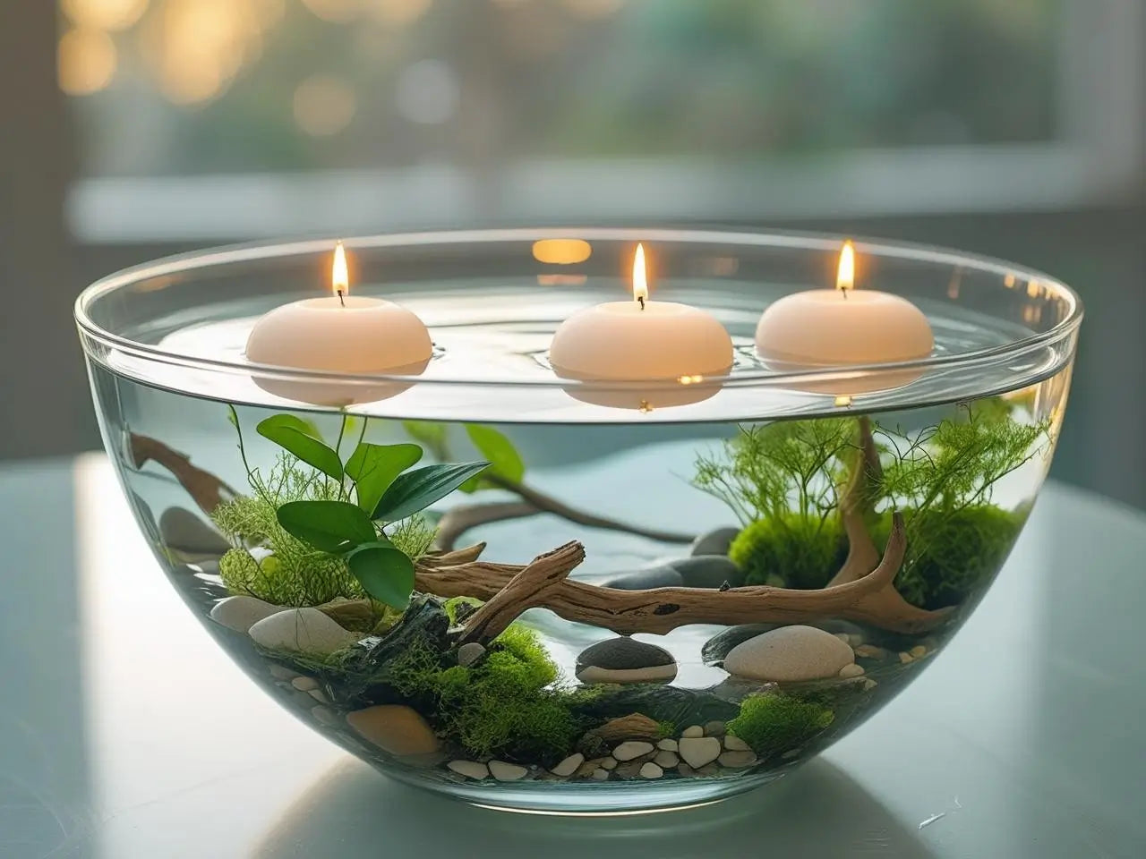 Glass bowl with water, floating candles, greenery, and driftwood on a reflective surface.