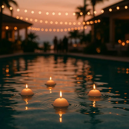Floating Candles 6 Pack creating a warm ambiance in a pool setting at dusk, perfect for weddings and garden parties.