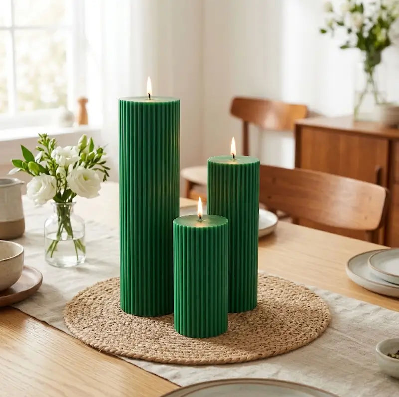Ribbed Candles - Set of 3 Pillars in green on a dining table with flowers and decorative placemats.