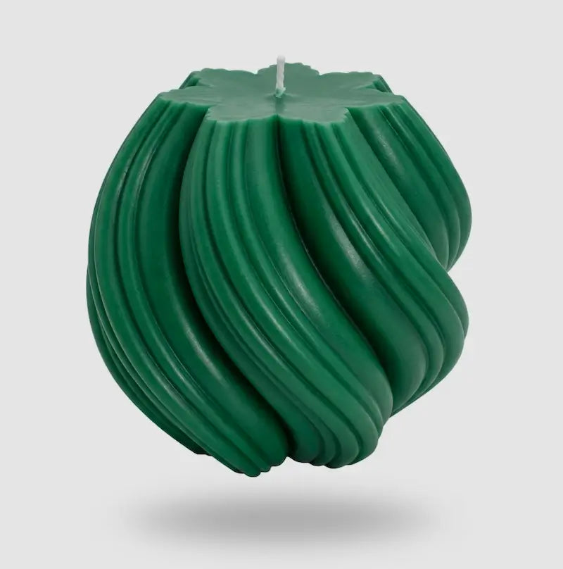 Ball Candle in green, sculptural design with flowing 3D appearance, extra large and customisable.