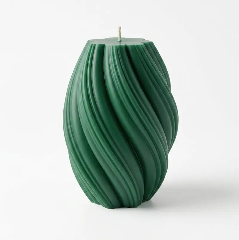 Large Pillar Candle Swirly Shape in rich green color, featuring a unique wavy design, perfect for home décor.