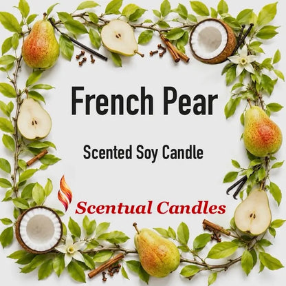 French Pear Candle Scented Soy surrounded by fresh pears and greenery, showcasing elegant fragrance.