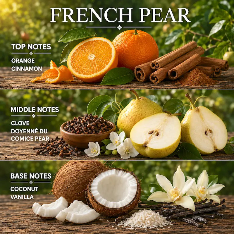 Image showcasing fragrance notes of French Pear Candle: top notes, middle notes, and base notes.