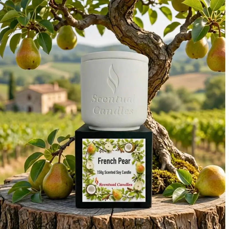 French Pear Candle displayed among pears in a vineyard, showcasing its elegant packaging and natural setting.