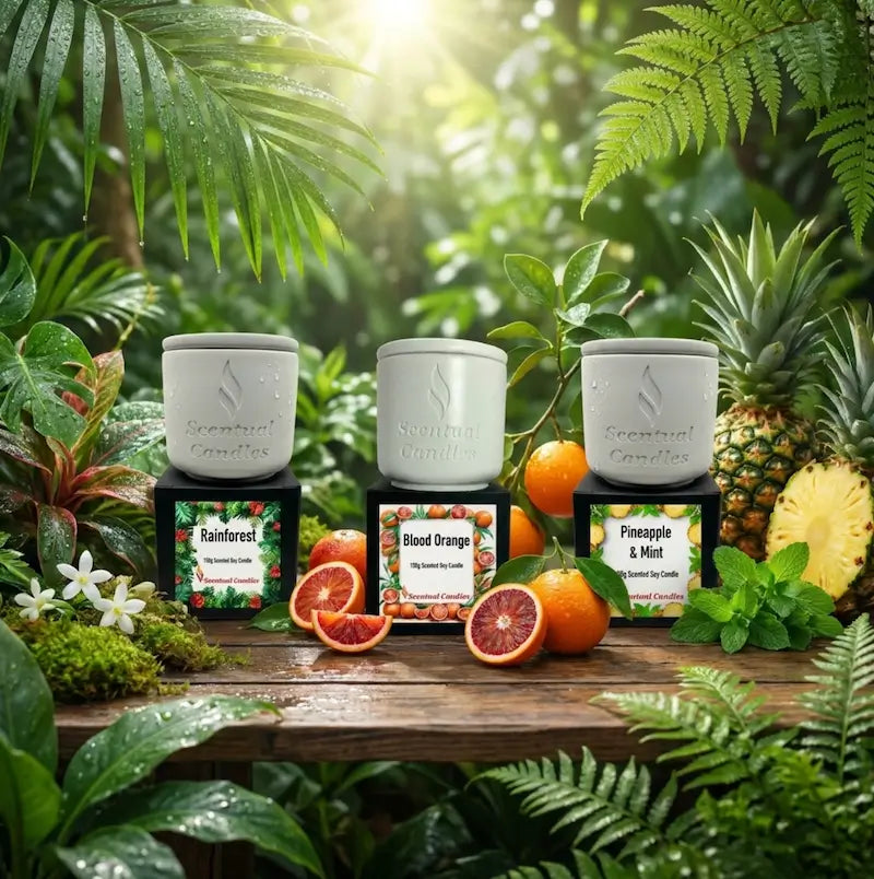 Fresh Scented Candle Set featuring Rainforest, Blood Orange, and Pineapple & Mint surrounded by vibrant greenery.