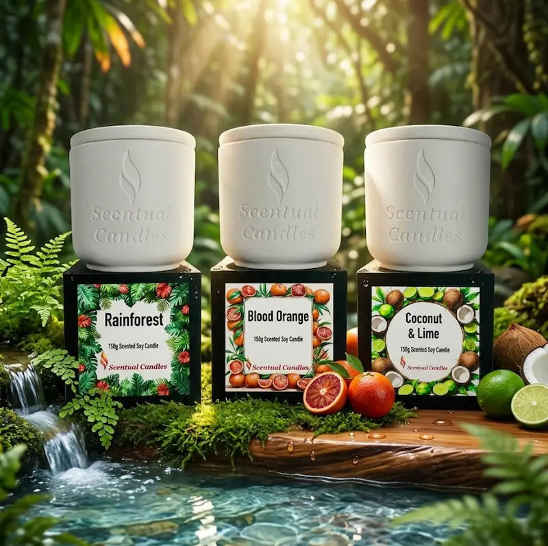 Fresh Scented Candle set displayed in a vibrant forest setting with Rainforest, Blood Orange, Coconut & Lime scents.