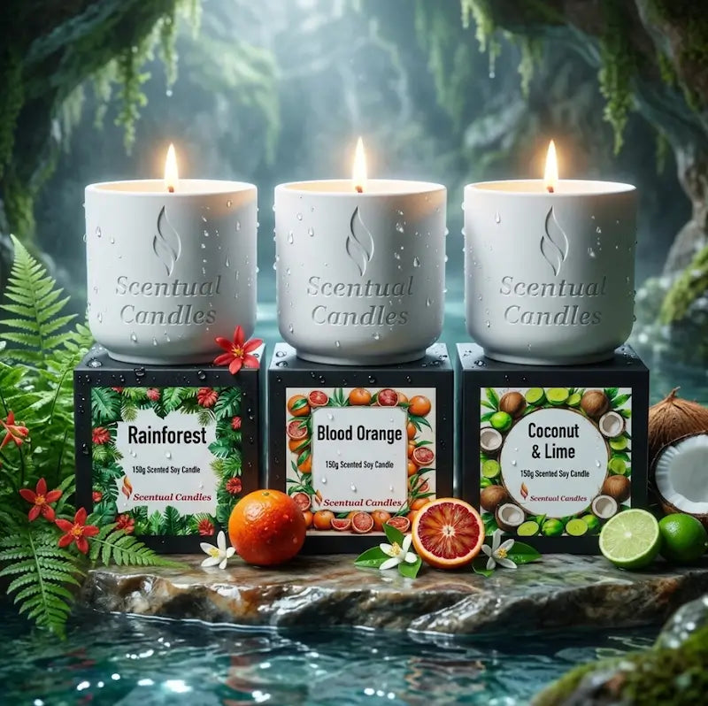 Fresh Scented Candle Set featuring Rainforest, Blood Orange, Coconut & Lime scents in a vibrant natural setting.