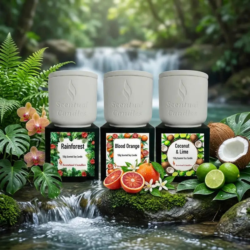 Fresh Scented Candle set featuring Rainforest, Blood Orange, Coconut & Lime, displayed near a serene waterfall.