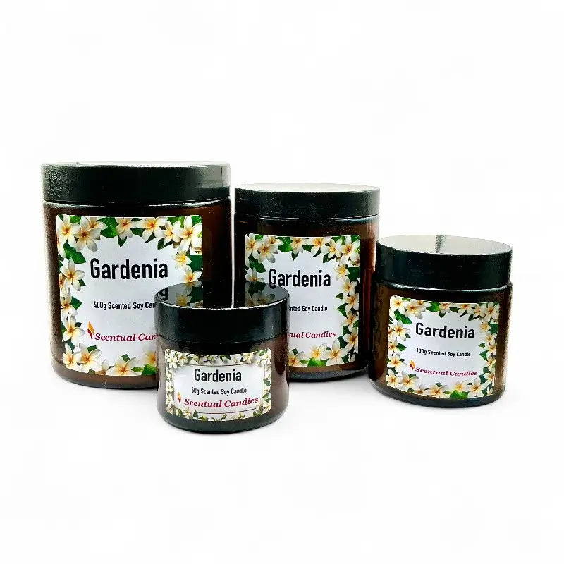 Gardenia Candle - Scented Soy Floral, featuring elegant glass jars with floral labels, perfect for adding a touch of serenity to any space.