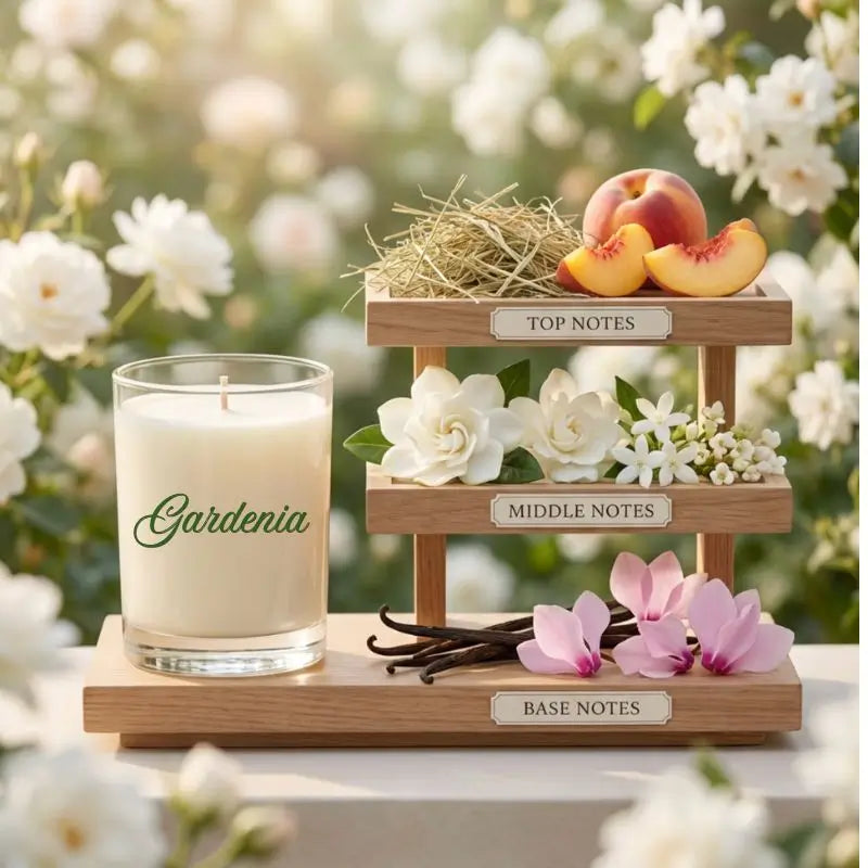Gardenia candle with a wooden display of flowers and fruits against a floral background